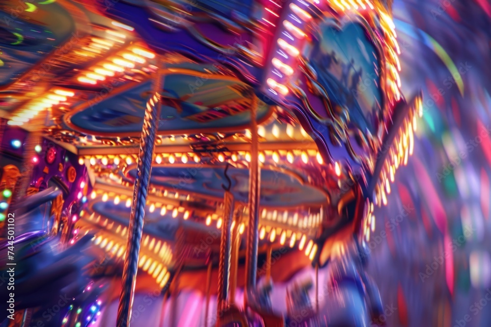 Abstract blurred image of a carousel in motion with vibrant lights and reflections.