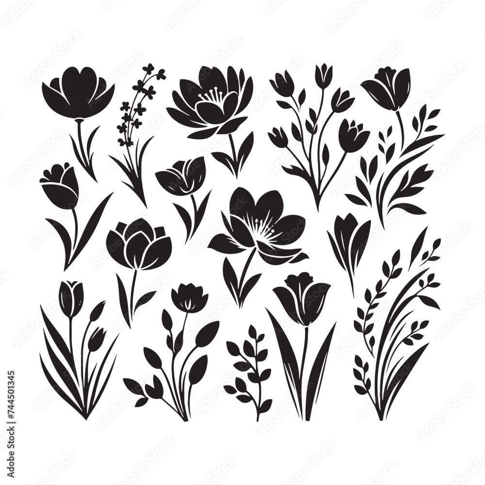Bewitching Flower Set of Silhouette - Conjuring the Essence of Blooms with Silhouette of Flower Illustration - Flower Vector
