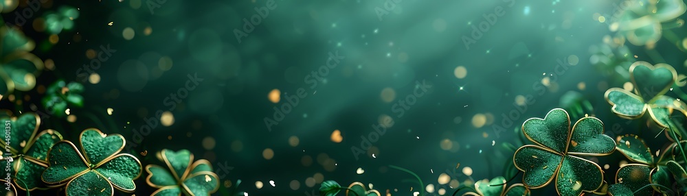 "St. Patrick's Day card template: green four-leaf clover on green background, gold splashes, perfect for party invitations." - obrazy, fototapety, plakaty 