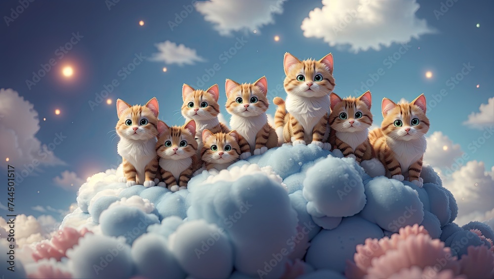 Adorable 3D Rendered Cartoon Cats in Colorful Digital Painting - obrazy, fototapety, plakaty 