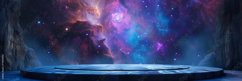 A cosmic-themed podium with stars and galaxies, creating a dreamy and otherworldly setting for fantasy or celestial-themed presentations
