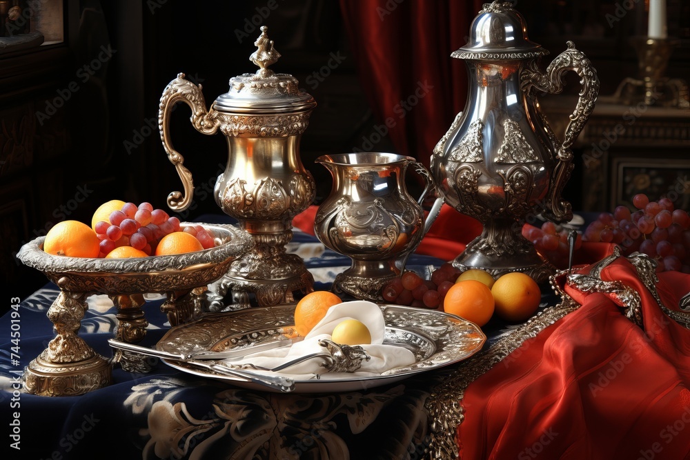Tea and fruits served in a vintage tea set on a gray textured table
