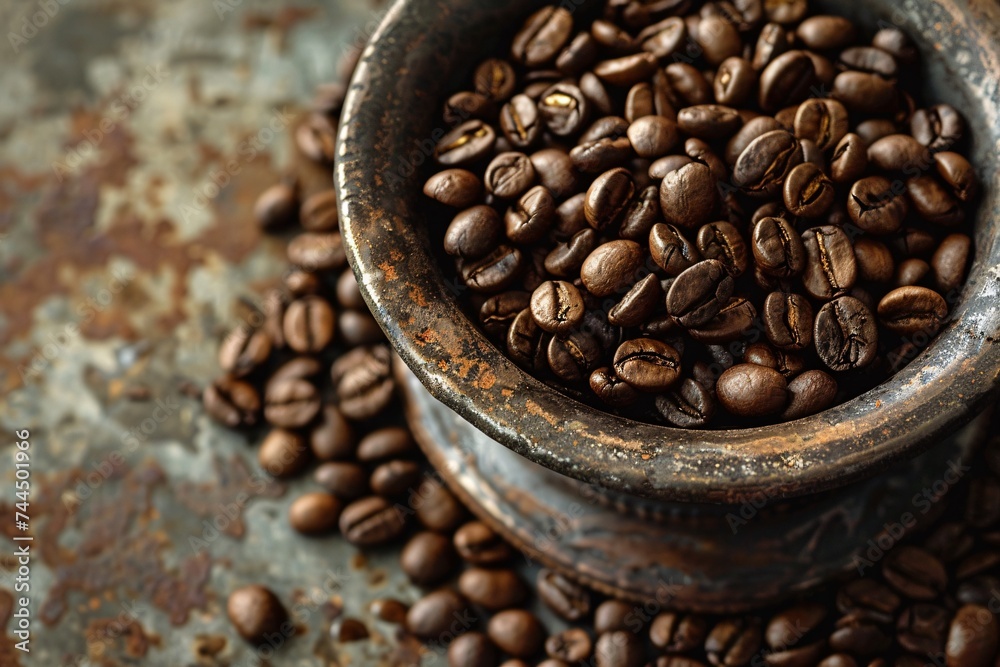 Fototapeta premium Aromatic whispers rise from a fresh brew nestled amid a trove of coffee beans