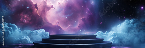 A cosmic-themed podium with stars and galaxies  creating a dreamy and otherworldly setting for fantasy or celestial-themed presentations