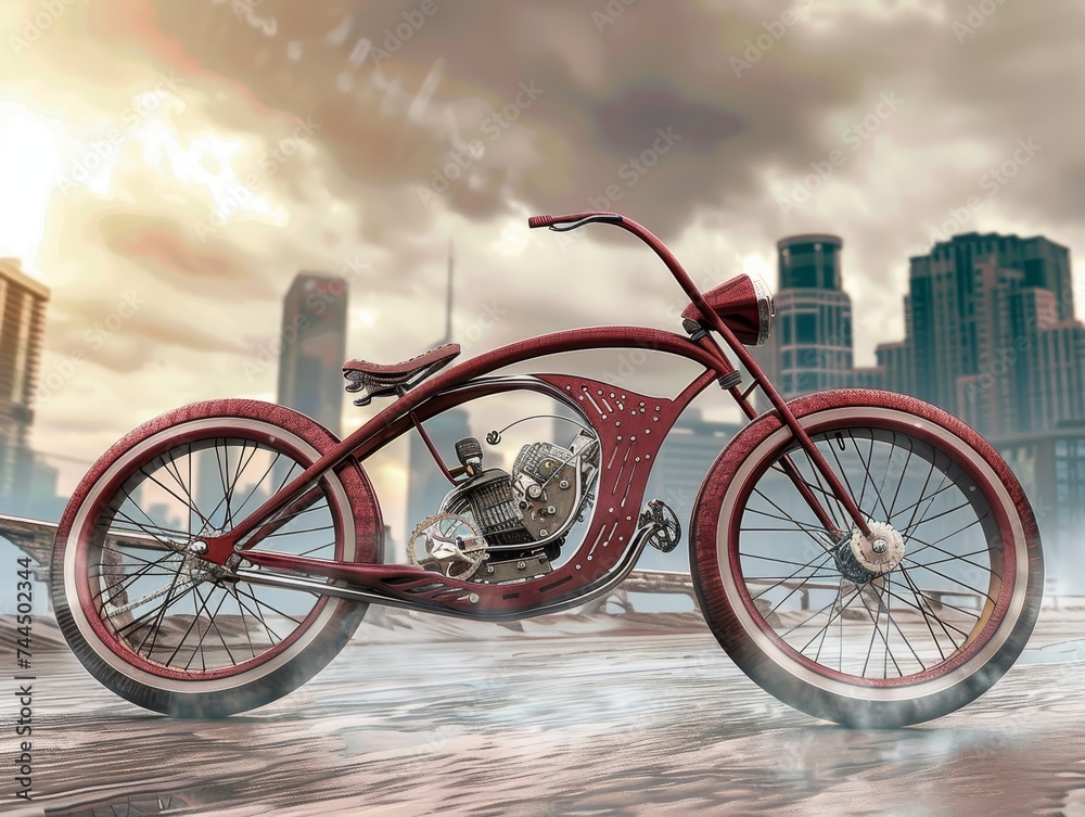 Obraz premium Custom Bicycle Builds - A custom-built bicycle against an urban backdrop, highlighting the culture of cycling enthusiasts. 