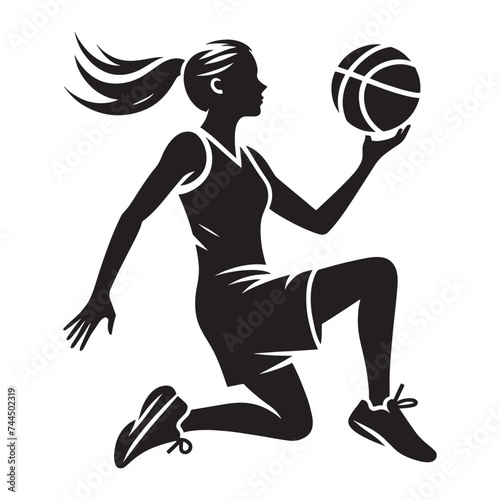 Woman basketball player. Black flat silhouette vector illustration, icon