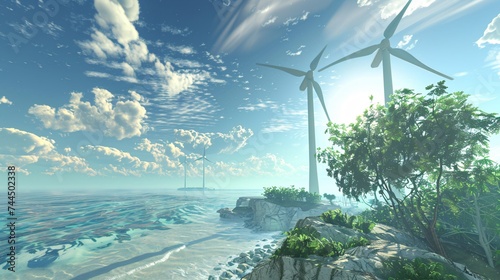 Wind turbines stand sentinels of sustainability against a calm ocean canvas photo