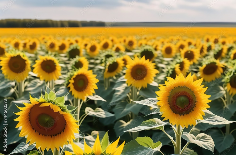 Obraz premium Beautiful view of a field of sunflowers close up