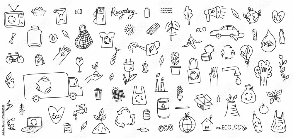 Vector collection of environmental symbols of renewable energy sources and waste recycling, hand-drawn in doodle style