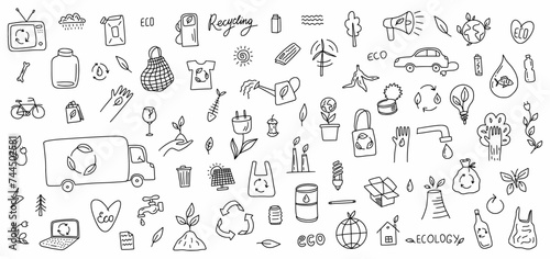 Vector collection of environmental symbols of renewable energy sources and waste recycling, hand-drawn in doodle style