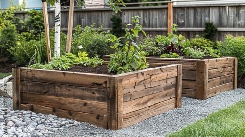 Raised Wooden Garden Beds with Lush Greenery in Suburban Backyard