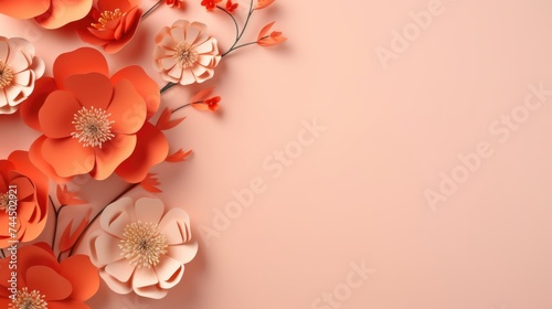 Paper art floral design with red and peach flowers on soft pink background.