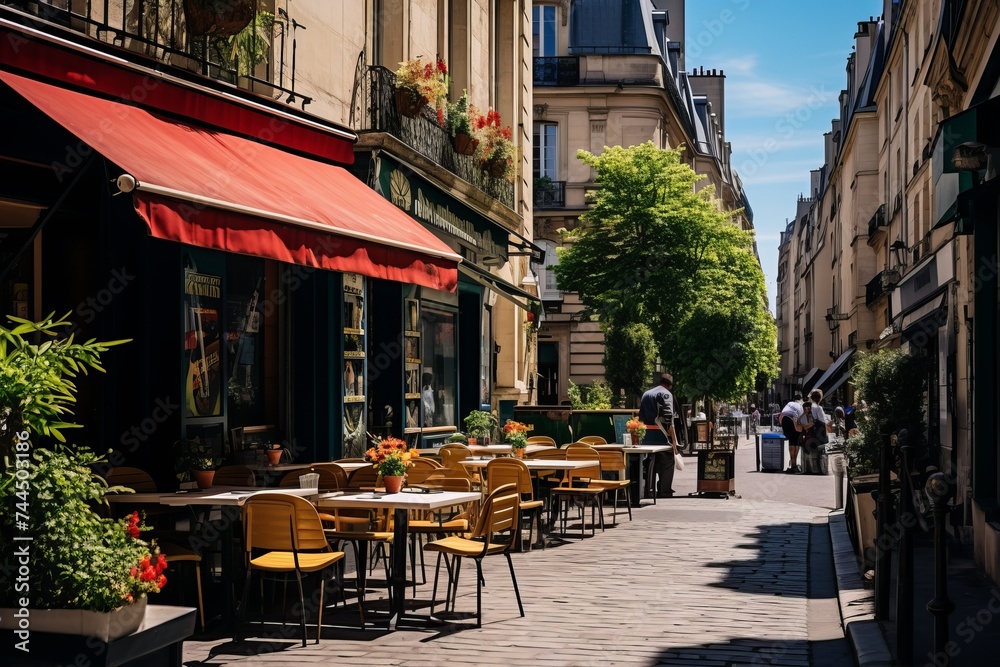Cozy street with tables of cafe in quarter Montmartre in Paris, France. Landmarks of Paris
