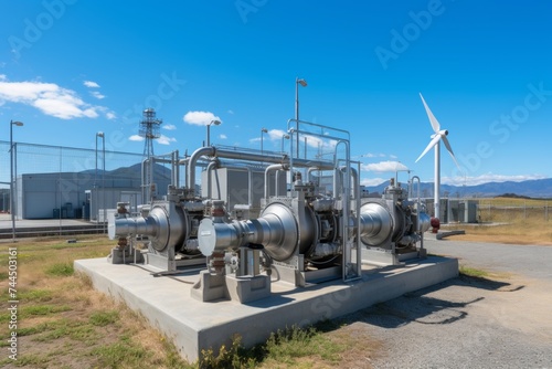 Green energy concept. hydrogen pipeline with wind turbines producing eco-friendly hydrogen