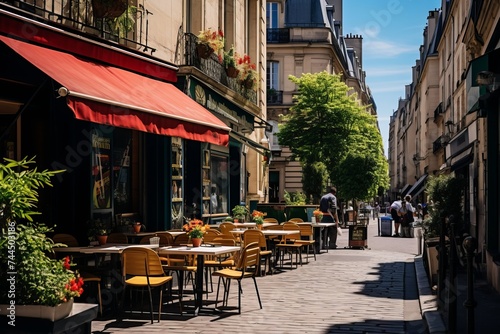 Cozy street with tables of cafe in quarter Montmartre in Paris  France. Landmarks of Paris