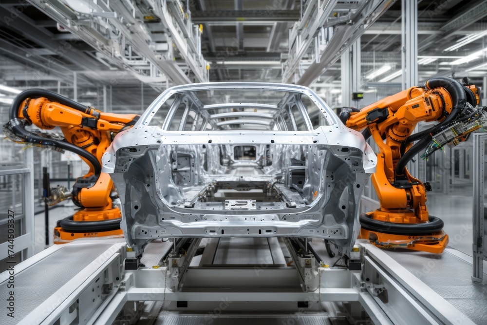 Automobile manufacturing assembly line on clean white background for industrial production concept