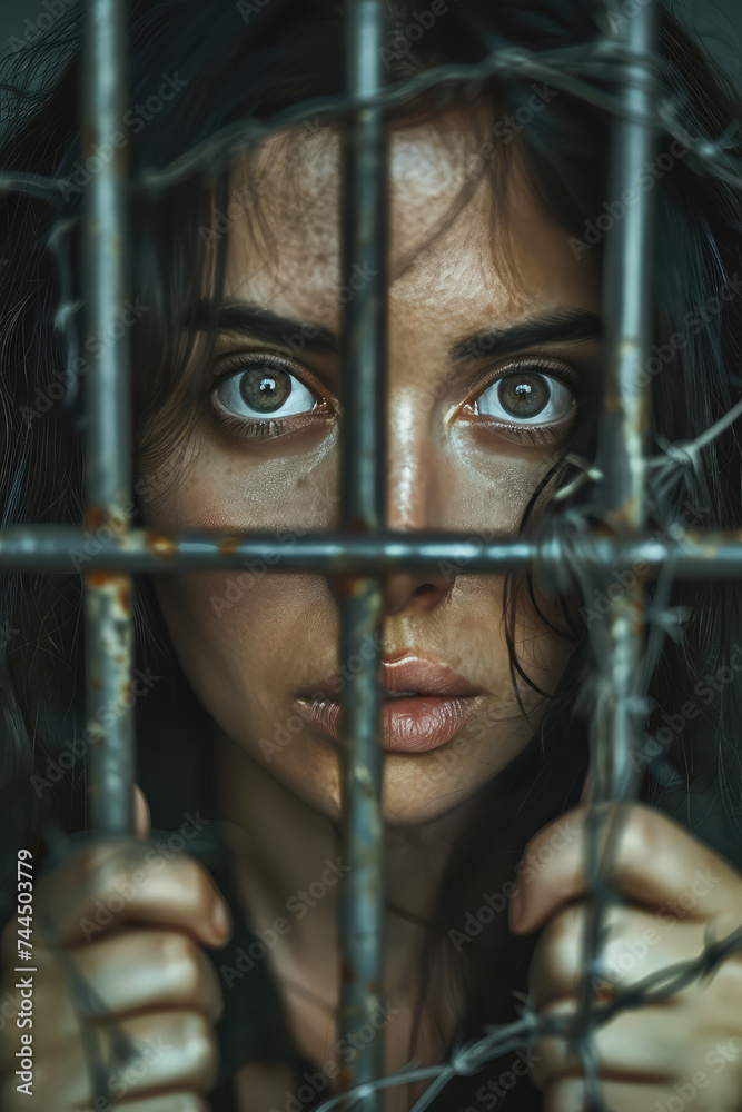 Naklejka premium Intense Gaze Behind Bars. Close-up portrait of sad young woman prisoner gripping steel lattice, haunting stare.