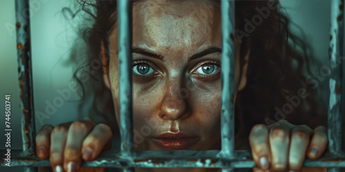 Intense Gaze Behind Bars. Close-up portrait of young woman prisoner gripping steel lattice, haunting stare.