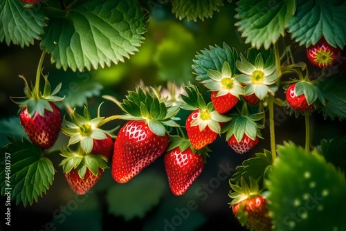 A flourishing Strawberry plant, featuring its vivid green leaves, ripe berries, and intricate tendrils, with dewdrops reflecting the morning light