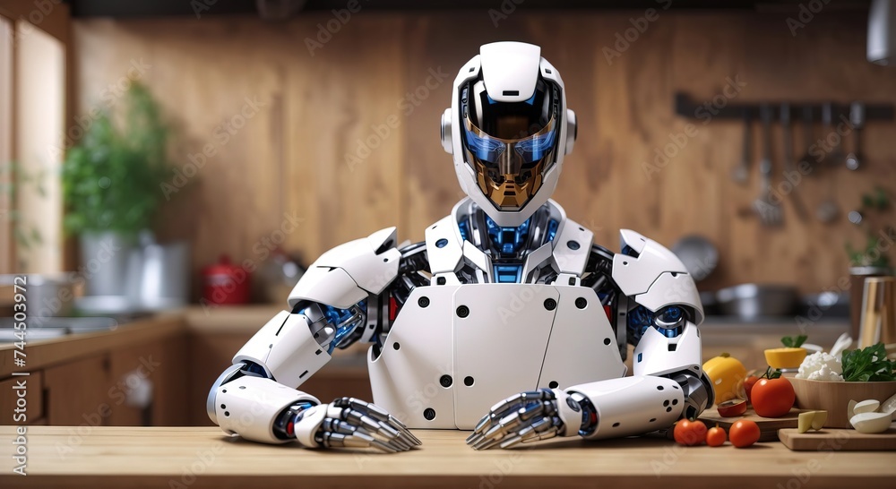 Humanoid robot cooking at kitchen Humanoid robot cooking at kitchen