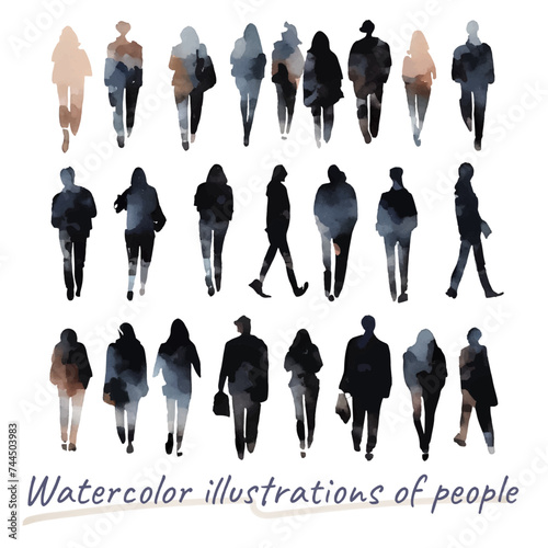 優しい色彩の人々の水彩イラストセット	
