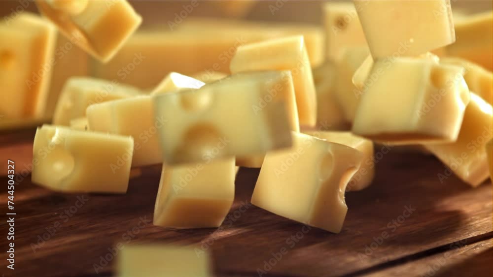 Super slow motion pieces of cheese fall onto a cutting board. Filmed on a high-speed camera at 1000 fps. High quality FullHD footage Super slow motion pieces of cheese fall onto a cutting board. Filmed on a high-speed camera at 1000 fps. High quality FullHD footage
