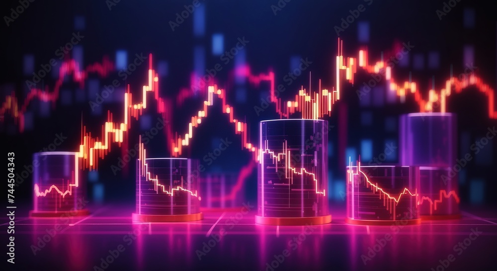 Investing stock market concept gain and profits with faded candlestick charts - obrazy, fototapety, plakaty 