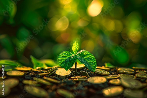A plant growing from a soil with a pile of coins, symbolizing growth of earnings. Financial investment success.