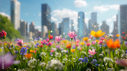 Sunny spring landscape with vivid colors of spring flowers and  skyscrapers in the background. Beautiful spring at city park. © graja