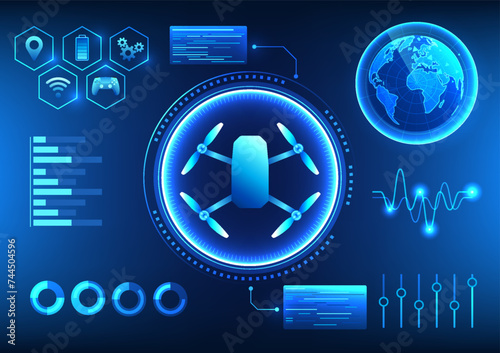Smart drone technology that uses drones to inspect areas Both agriculture, surveying, filming, and product delivery are screens that control the operation of drones. Vector illustration