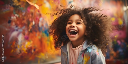 Child giggles joyfully while creating artwork on a blank canvas. Concept Creativity, Art, Children, Joyful, Laughter