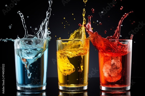 group of glasses with multi colored bright splashes of liquid on a black background closeup