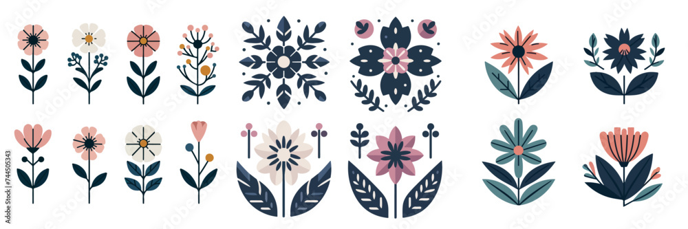 Vector set of flowers with a simple flat design style - obrazy, fototapety, plakaty 