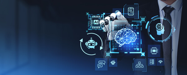 Robot finger touch AI icons hologram, smart technology and machine learning