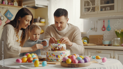 Family, cheerful parents join their children in dyeing Easter eggs and decorating festive cupcakes and cakes.