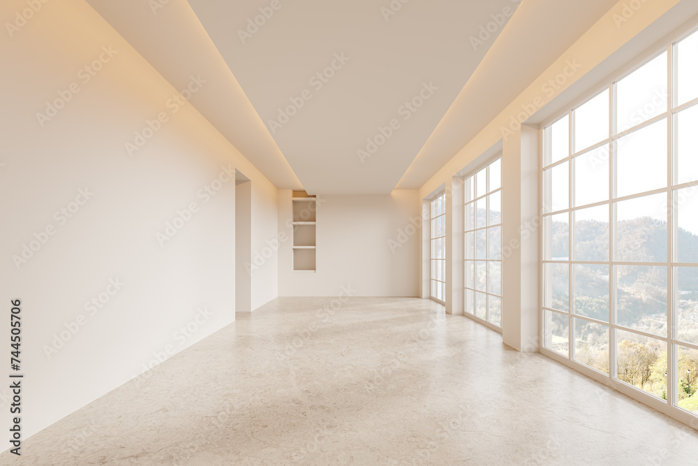 Fototapeta premium Beige hotel bathroom interior with panoramic window on countryside, no furniture