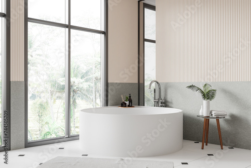 Modern hotel bathroom interior with tub  decoration and panoramic window
