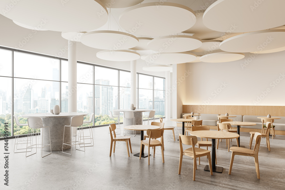 Stylish restaurant interior with chairs and tables, eating space and window Stylish restaurant interior with chairs and tables, eating space and window