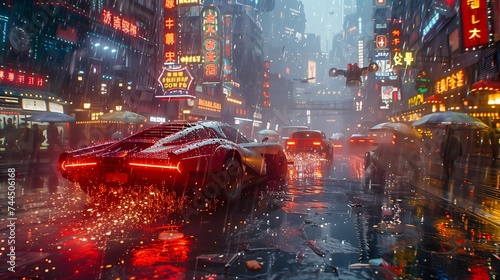 Neon Nights - Futuristic Cityscape with Flying Cars and Rainy Reflections