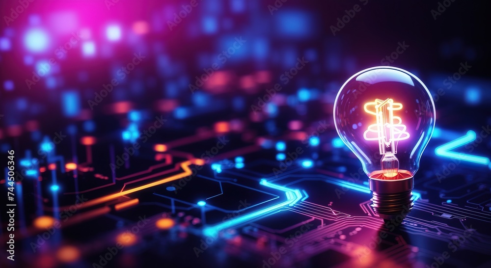 Light bulb on the background of electronic circuit Light bulb on the background of electronic circuit