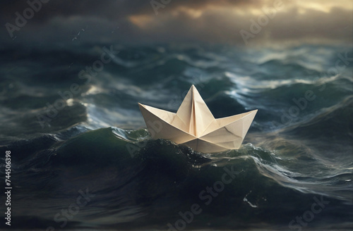 Small paper boat in stormy sea waves