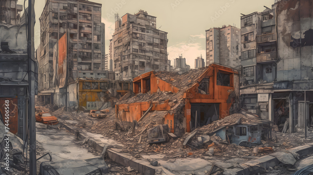 a scene of destruction and rubble in a modern city a scene of destruction and rubble in a modern city