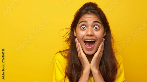 Photo of South Asian Young Adult(female) with expressing Surprise and Amazement, with copy space, isolated on solid color background --ar 16:9 --v 6 Job ID: 2e1fa470-be5f-4c15-80ab-22781814aa7e