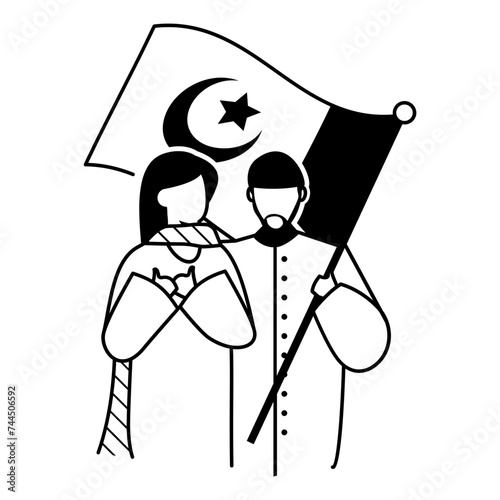 14th August patriotic people in Traditional dress vector design, yaum-e-pakistan Symbol, Islamic republic resolution day Sign 23 March national holiday, Couple Waving Flag and Praying together concept photo