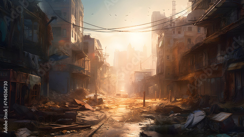 a wrecked city is lit by the sun