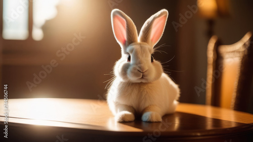 Healthy Lovely fluffy rabbit at home. Adorable baby bunny in sun Cinematic Lighting
