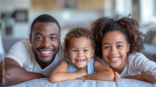 Real estate and mortgage concept : Family with child having fun in new home. Joyful first-time buyers in living room. Real estate, residential mortgage, moving into dream house.
