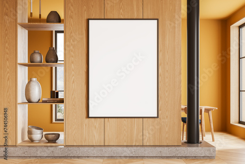 Wooden home living room interior with seats and dining table, mockup frame