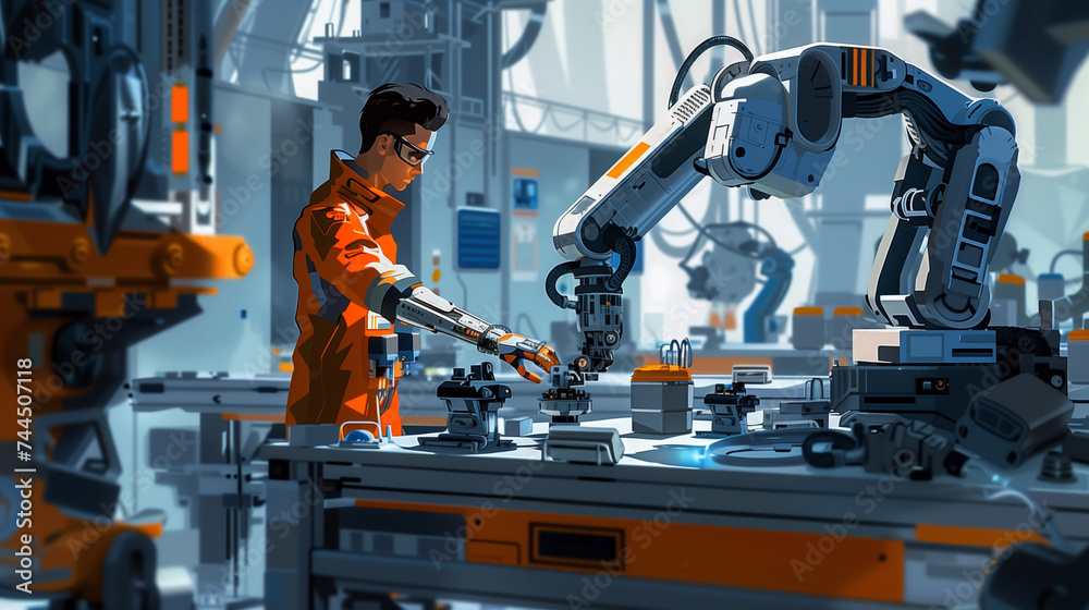 Robot and Human Working Together in a Factory, blue and orange color for the futuristic look. Robot and Human Working Together in a Factory, blue and orange color for the futuristic look.