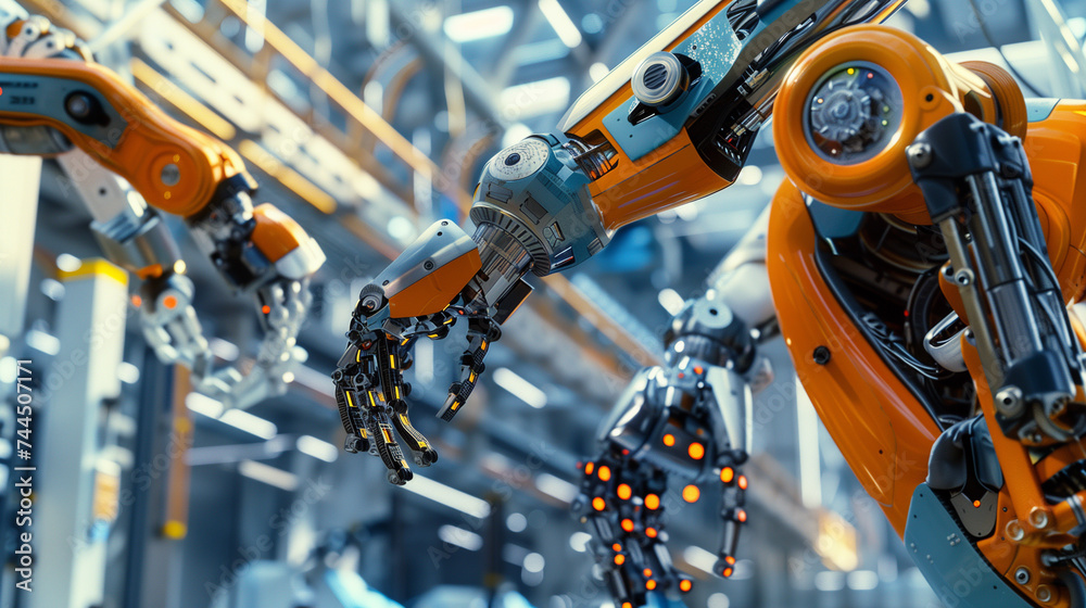 Robot and Human Working Together in a Factory, blue and orange color for the futuristic look. Robot and Human Working Together in a Factory, blue and orange color for the futuristic look.